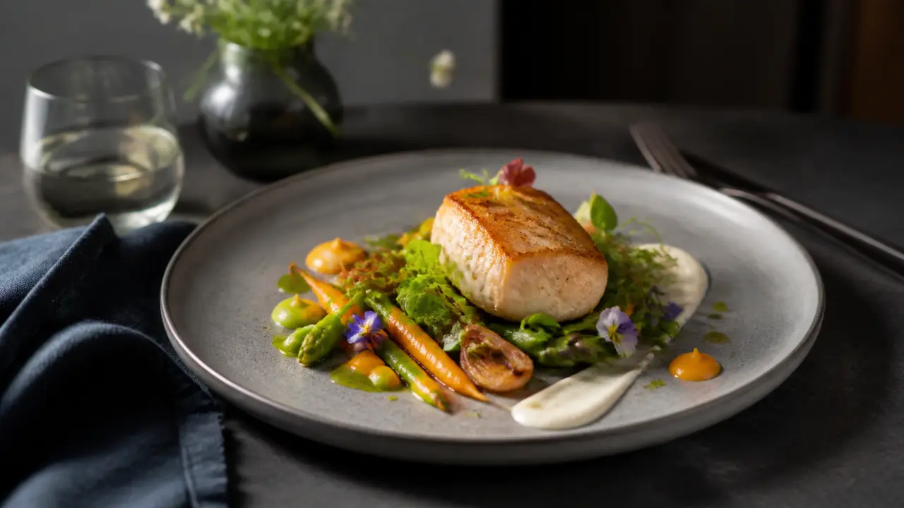 Assiette gastronomique dressée avec soin, vue de dessus, ambiance raffinée