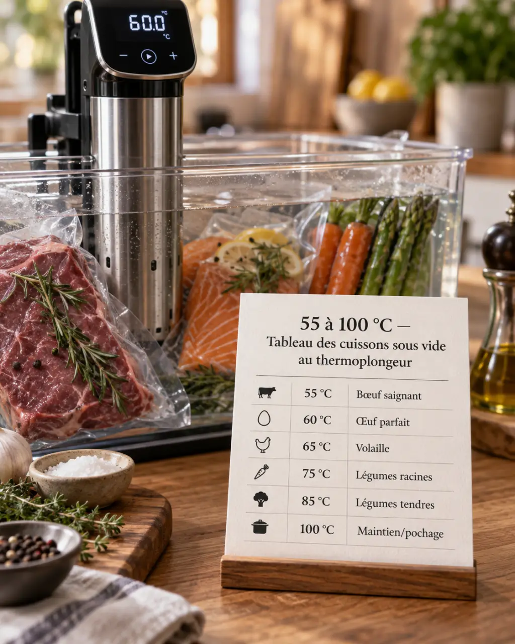 55 à 100 °C : le tableau des cuissons sous vide au thermoplongeur