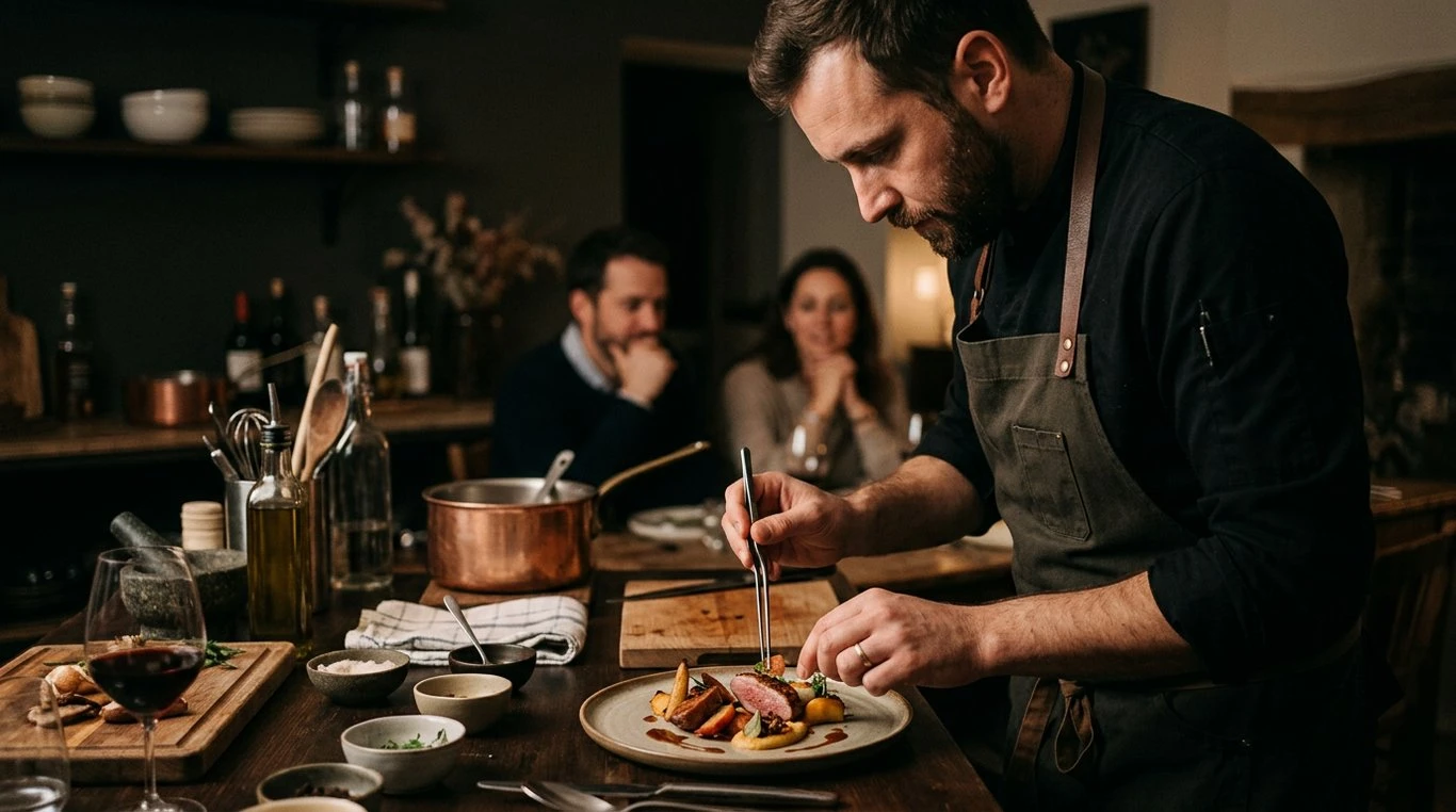 Portrait de Jean Moreau, chef élégant en tenue professionnelle, souriant