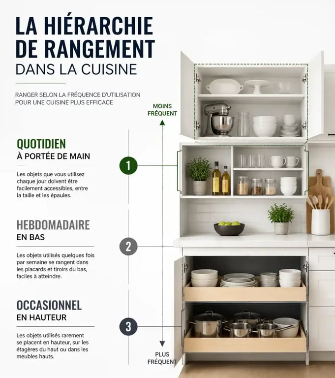 Infographie sur l'organisation des rangements en cuisine selon la fréquence d'utilisation