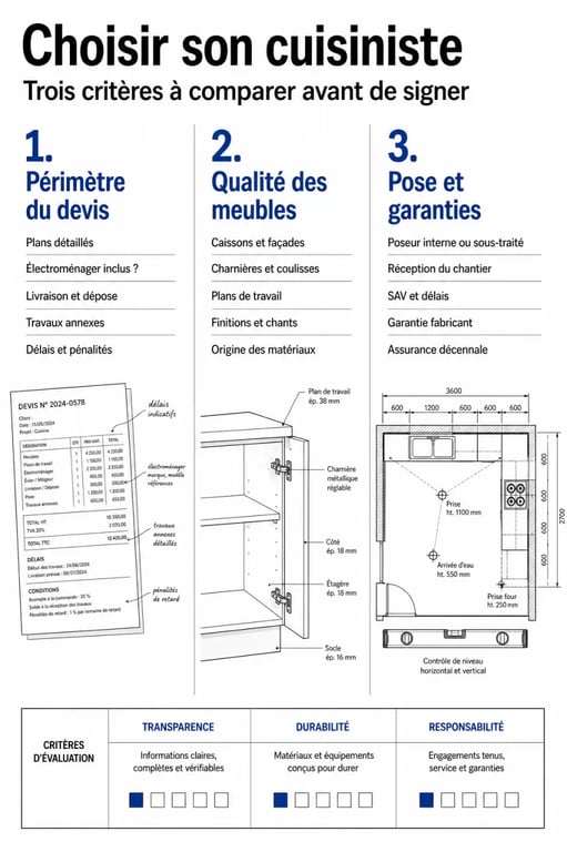 Comparatif cuisiniste : critères essentiels pour comparer devis, qualité et pose