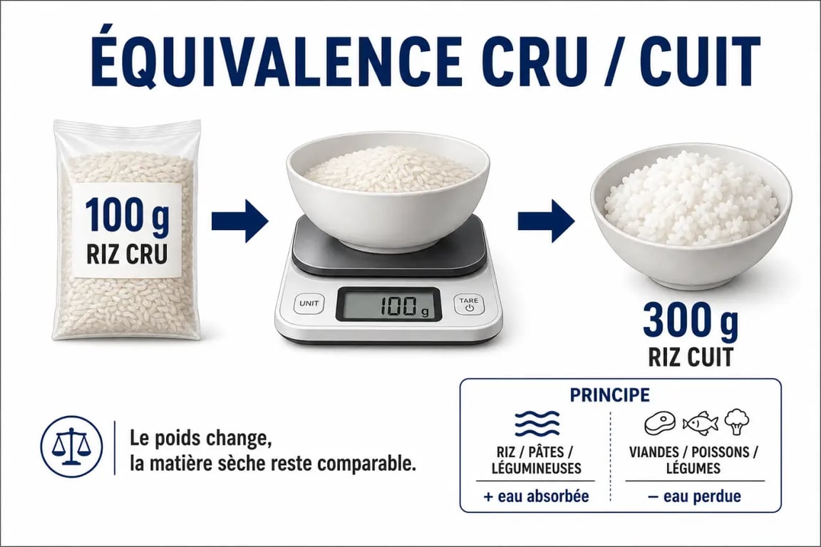 Équivalence cru cuit du riz : 100 g crus = 300 g cuits