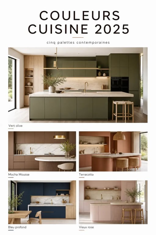 Couleur tendance 2025 cuisine : cinq palettes de cuisine modernes en vert, brun, terracotta, bleu profond et vieux rose