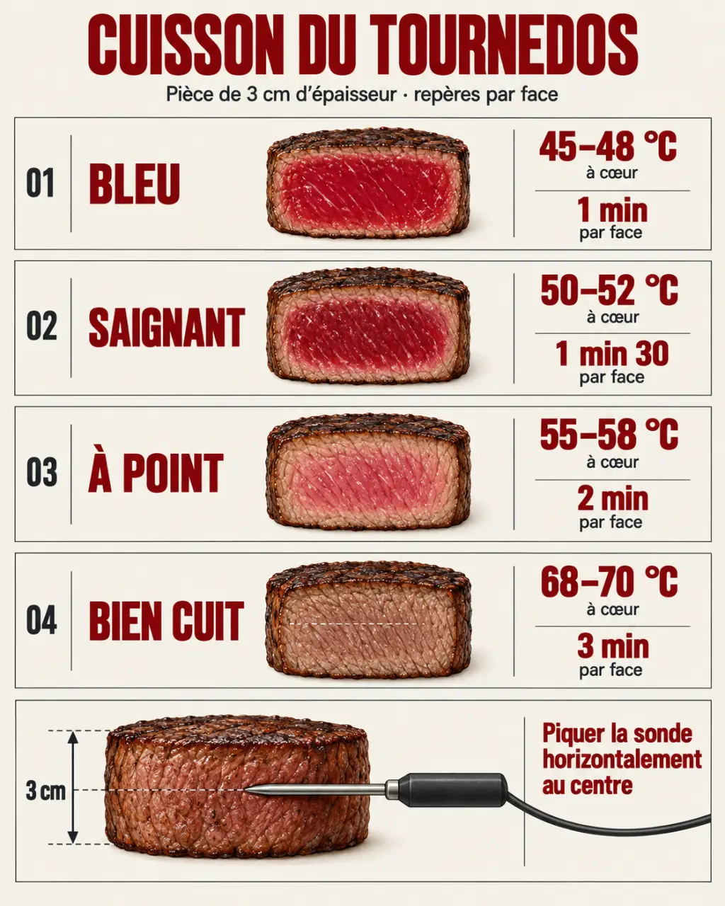 Infographie des cuissons tournedos avec temps par face et températures à cœur