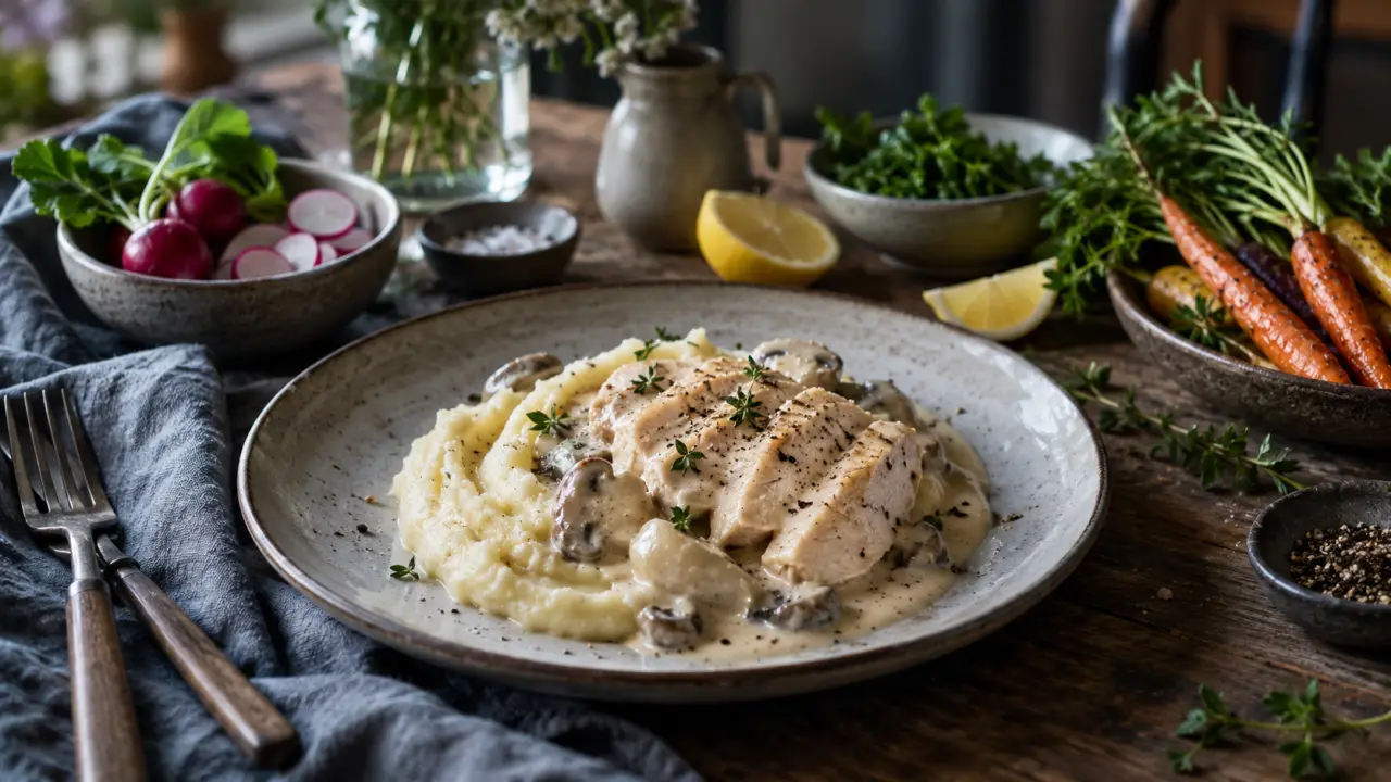 Assiette colorée et élégamment dressée sur une table sombre