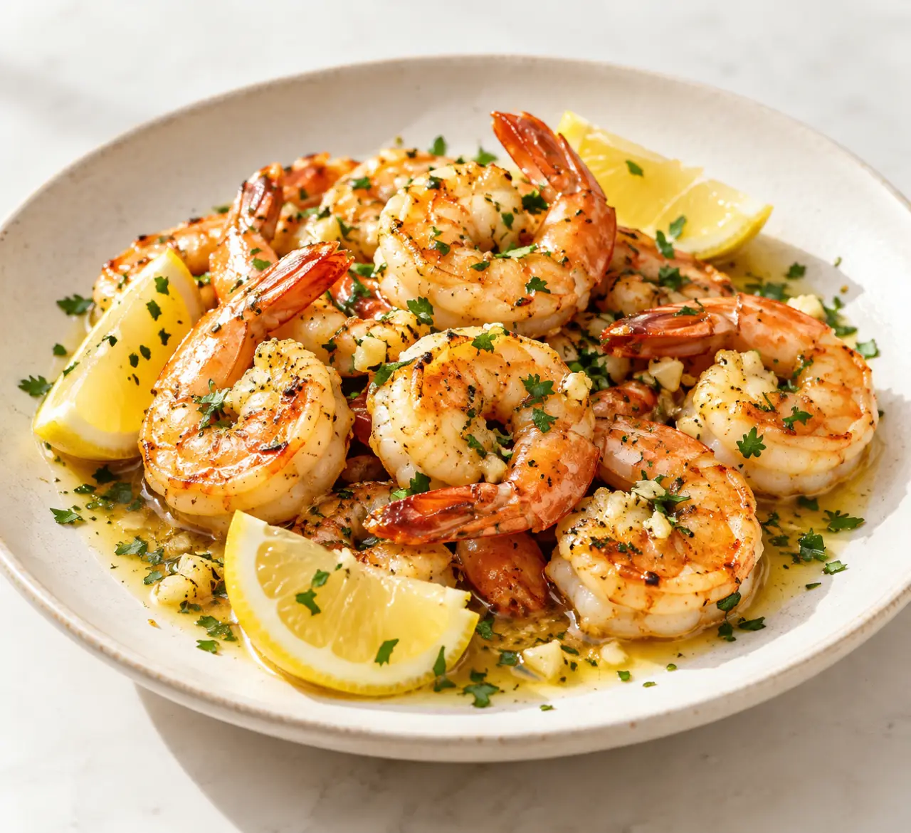 Recette avec des crevettes facile et rapide, poêlée ail-citron servie avec du persil