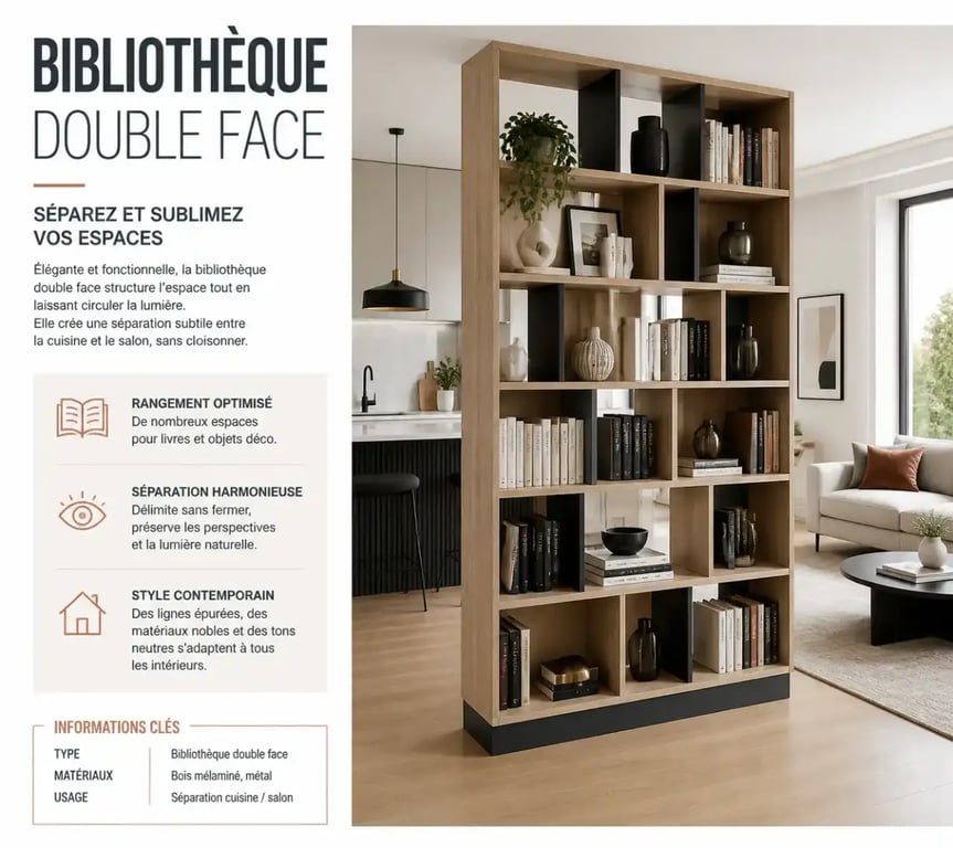 Bibliothèque double face pour fermer une cuisine ouverte avec rangement
