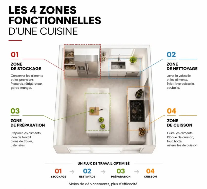 Schéma des 4 zones fonctionnelles pour organiser la cuisine