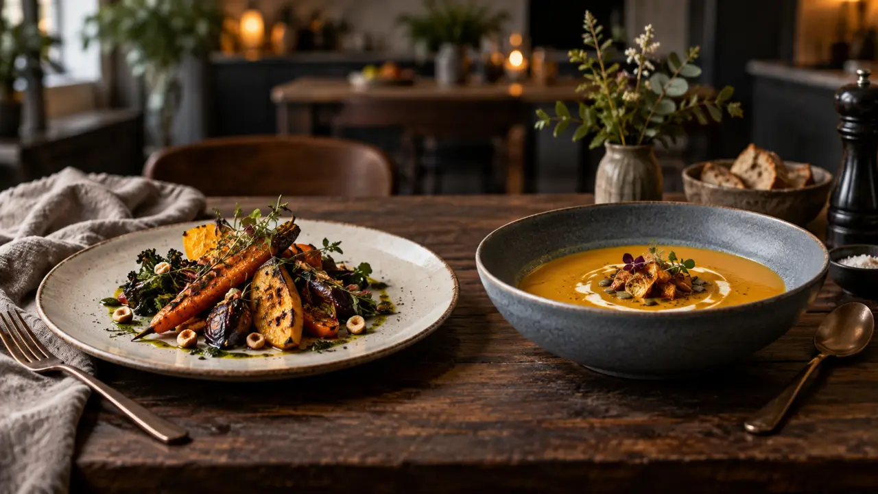 Assiette élégamment dressée sur une table sombre, entre présentation gastronomique et cuisine maison