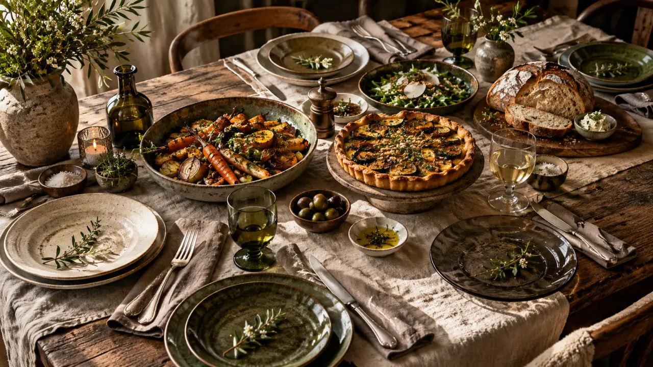 Table élégante composée de vaisselle mixée et de matières brutes