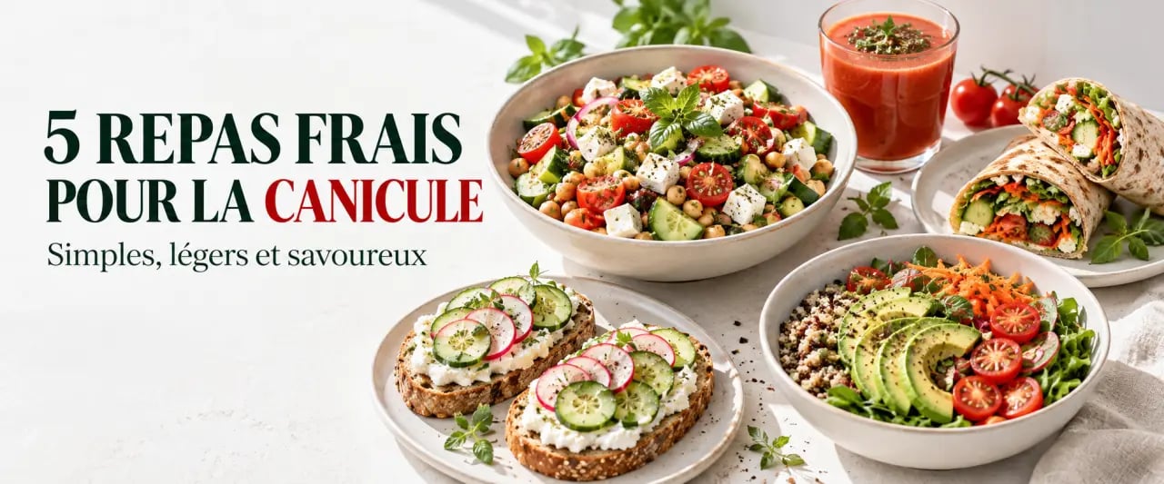 Idée repas canicule avec salade méditerranéenne, wrap, bowl froid et gaspacho