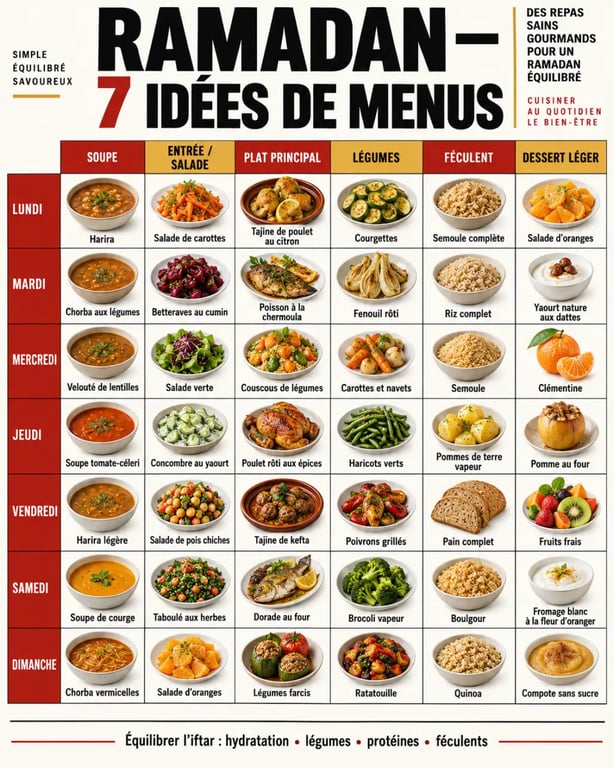 Idées repas Ramadan variées avec soupes, tajines, couscous et desserts légers