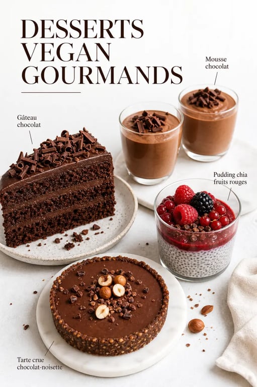 Desserts vegan recettes : assortiment gourmand de gâteau au chocolat, mousse, pudding de chia et tarte crue