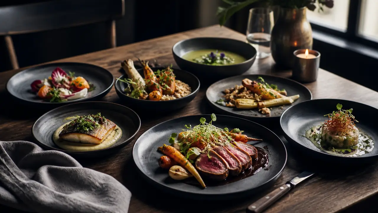 Assiette gastronomique dressée avec soin sur une table sombre