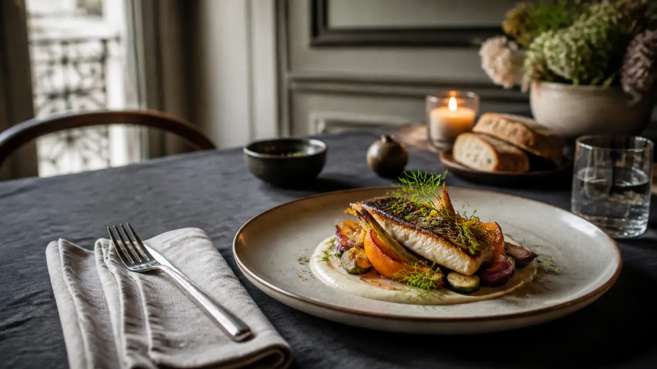 Assiette gastronomique dressée à la maison dans une ambiance élégante