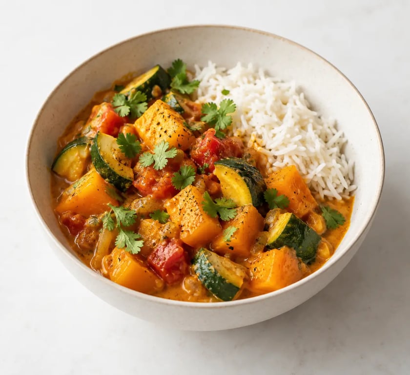 Recettes légumes faciles : curry doux de butternut, courgettes et tomates