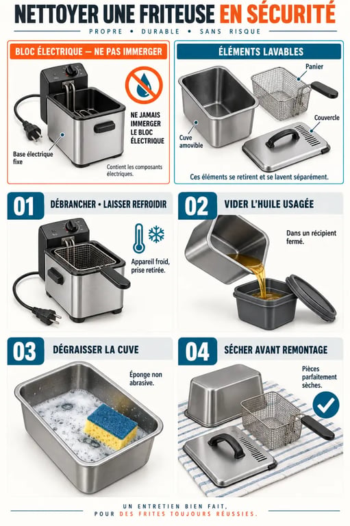 Nettoyage friteuse domestique en quatre étapes sécurisées