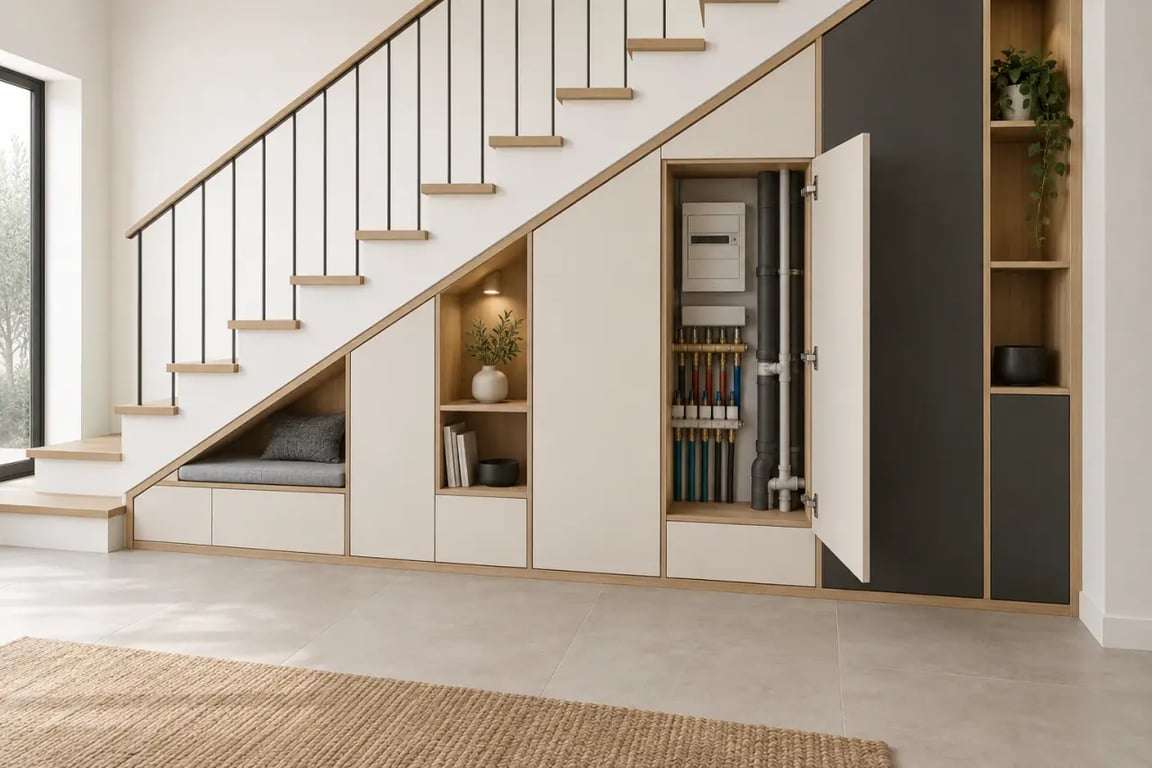 Aménager un angle perdu sous un escalier avec rangements sur mesure