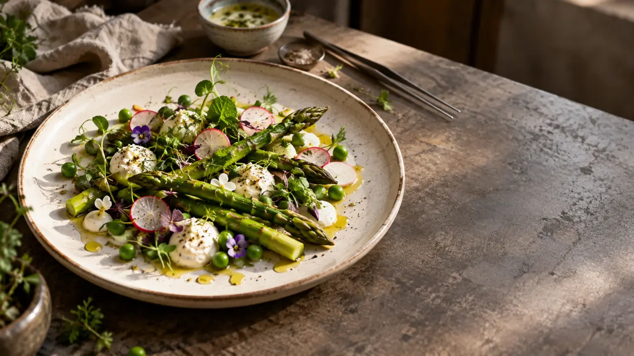 Assiette printanière élégamment dressée avec légumes verts, fleurs comestibles et sauce colorée