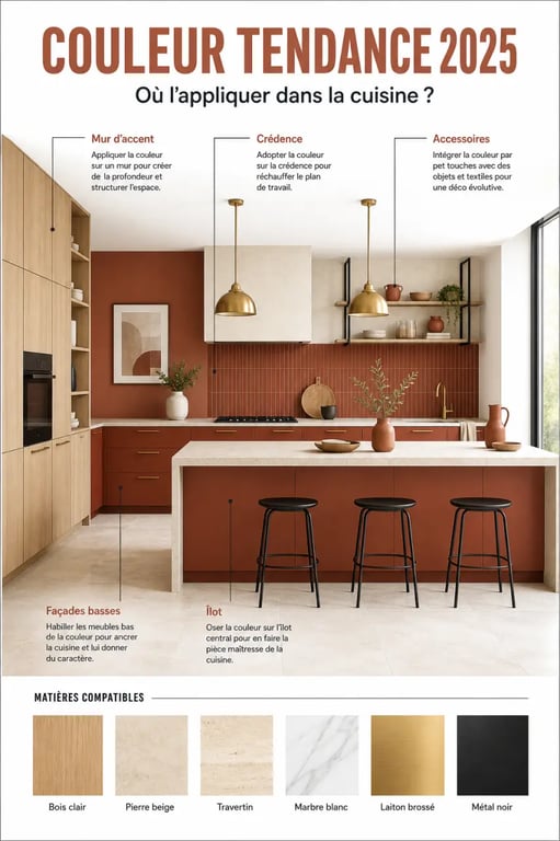 Couleur tendance 2025 cuisine : où appliquer les couleurs sur murs, façades, îlot et crédence