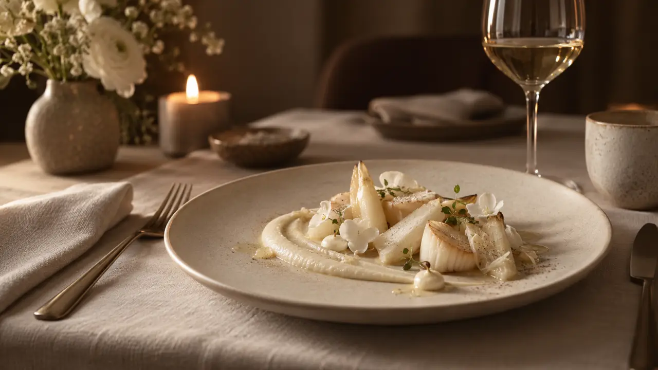 Assiette gastronomique au dressage monochrome sur une table élégante