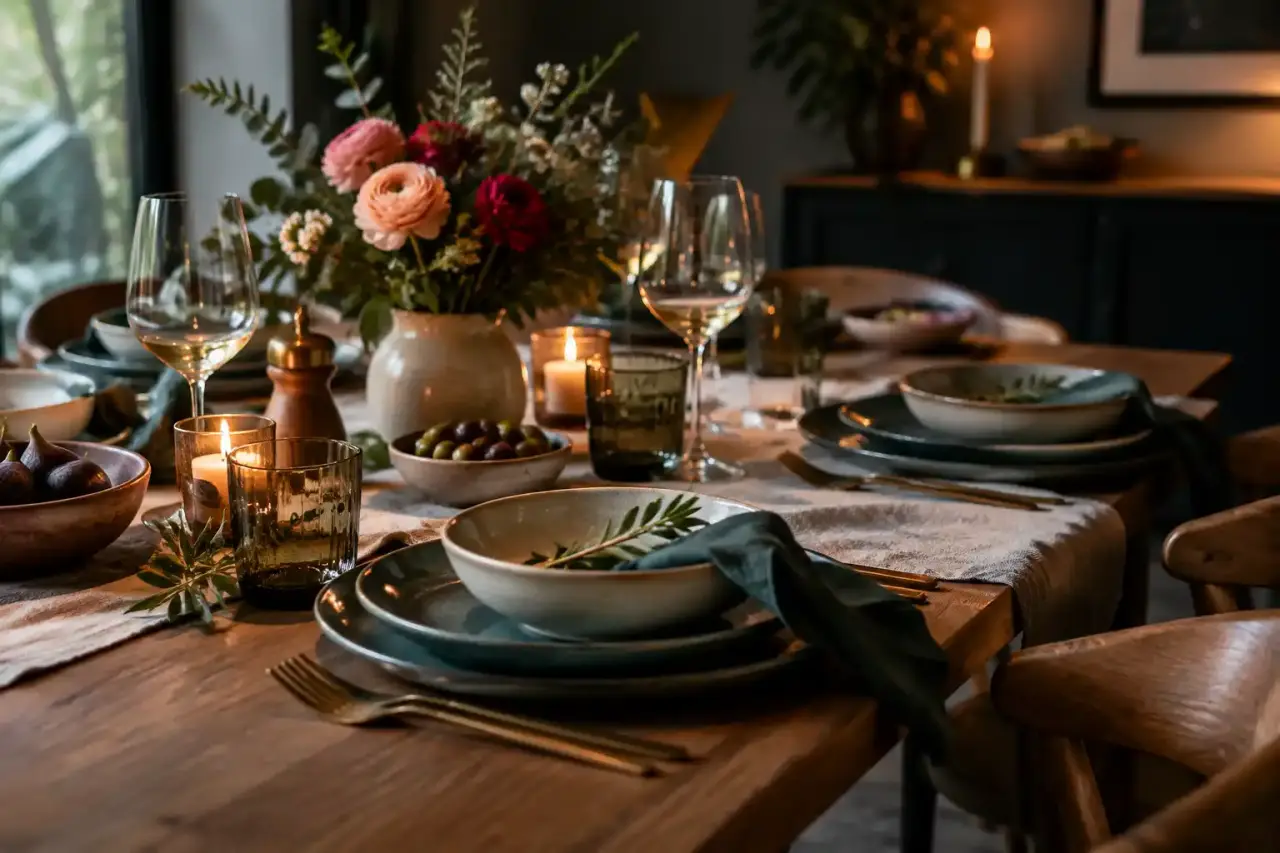 Table élégamment dressée avec assiettes, verres et lumière chaleureuse