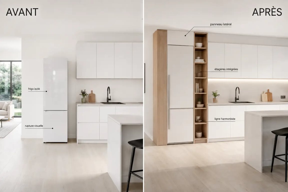 Cacher un frigo non encastrable avec un panneau latéral bois dans une cuisine ouverte