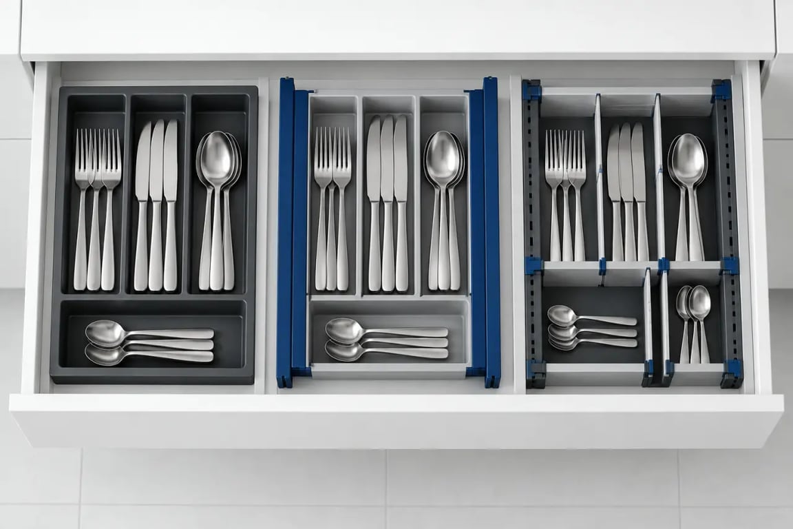 Différents types de rangement pour couverts dans un tiroir de cuisine