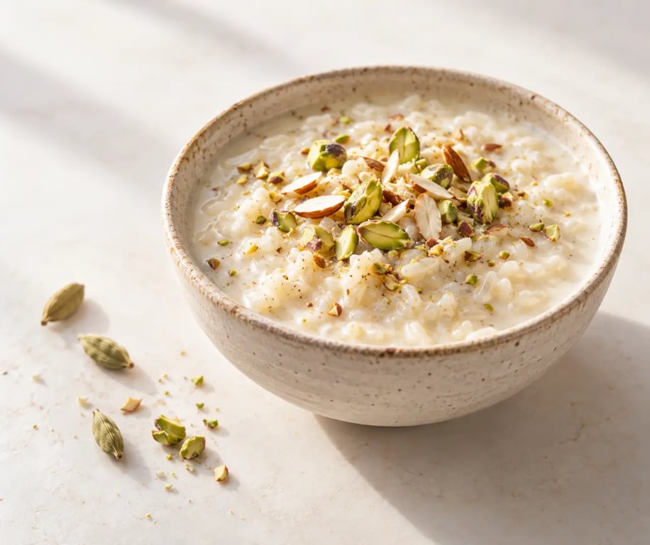 Kheer traditionnel au riz au lait parfumé à la cardamome, servi avec pistaches et amandes