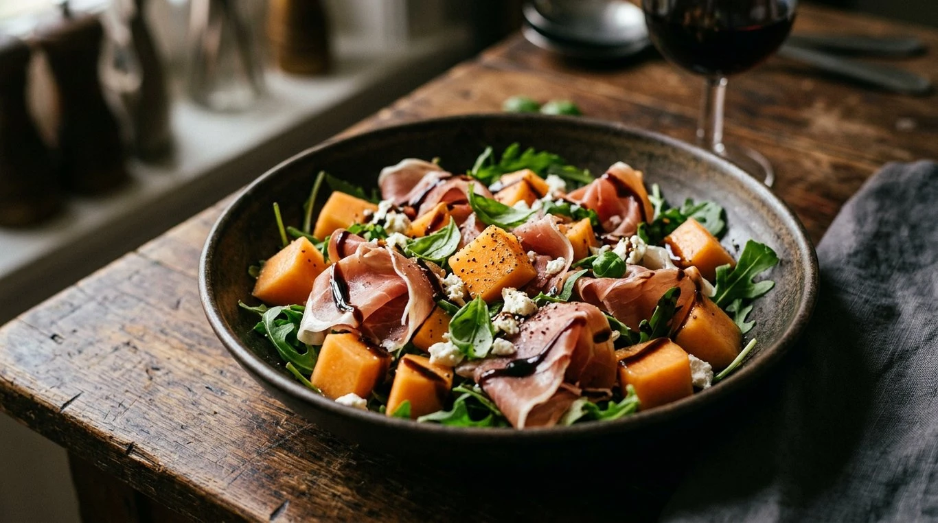 Salade fraîche colorée avec cubes de melon, jambon cru et réduction balsamique