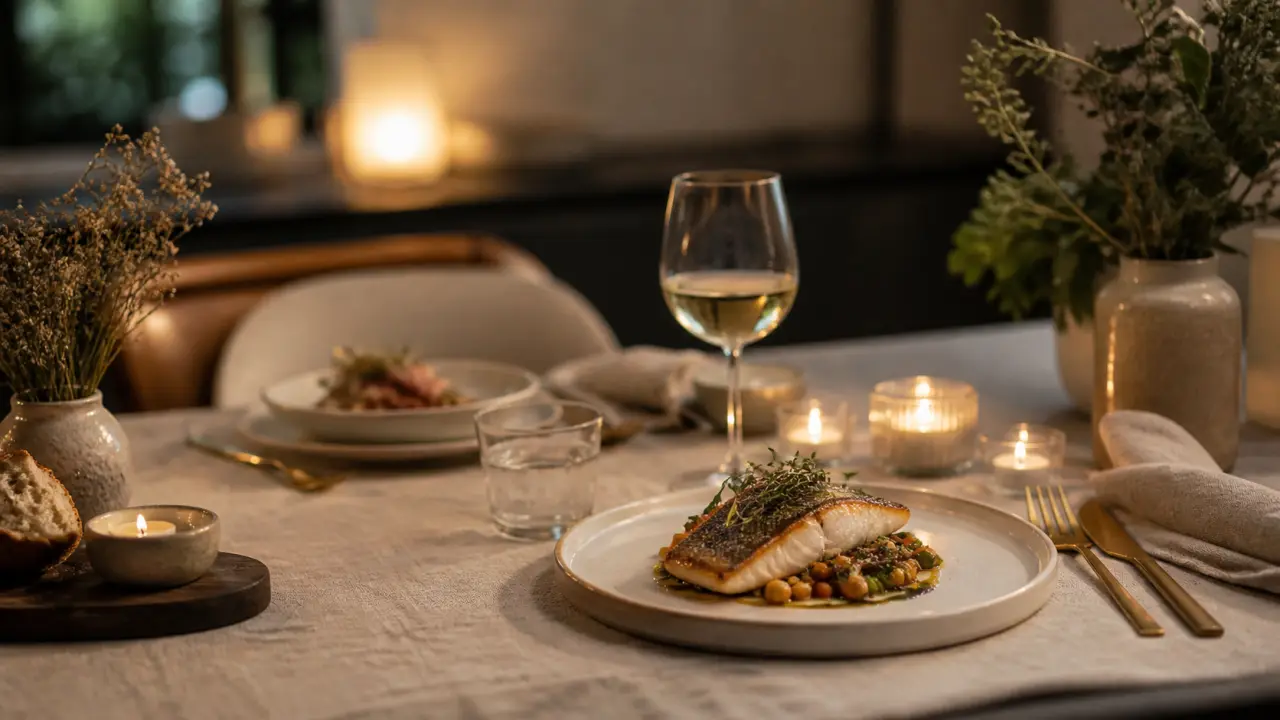 Assiette gastronomique élégamment dressée sur une table sombre