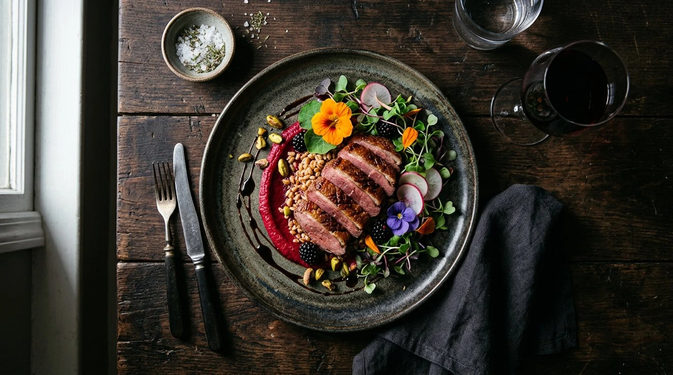 Photographie culinaire en vue de dessus d'une assiette gastronomique