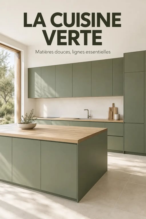 Cuisine verte vert sauge avec bois clair et crédence blanche
