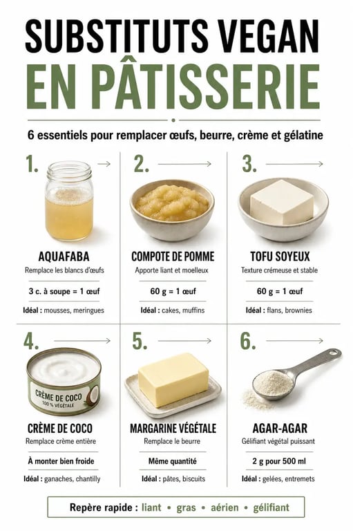 Desserts vegan recettes : repères visuels sur les substituts vegan pour œufs, lait, crème, beurre et gélatine