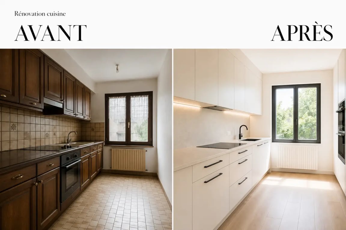 Relooker une cuisine ancienne avant/après avec façades claires, poignées noires et éclairage modernisé