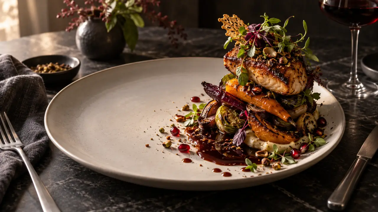 Assiette gastronomique soigneusement dressée sur une table sombre