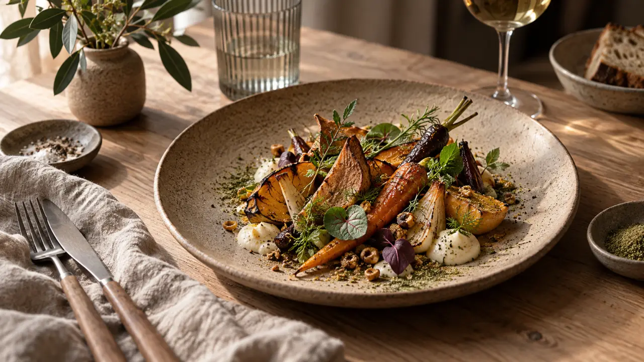 Assiette gastronomique aux textures naturelles et aux couleurs douces