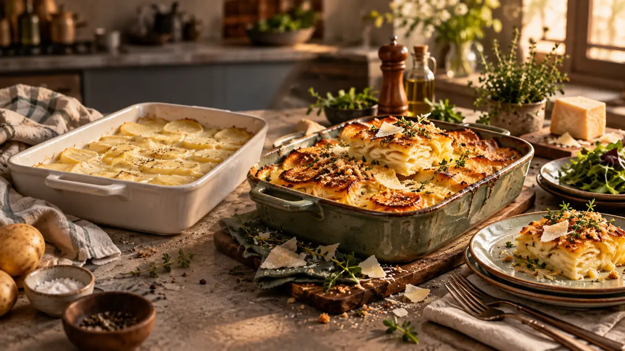 Gratin familial élégamment dressé dans une assiette sur une table sombre