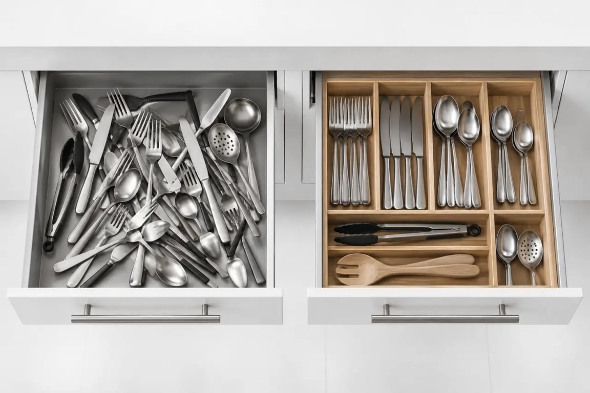 Rangement pour couverts avant après dans un tiroir de cuisine organisé