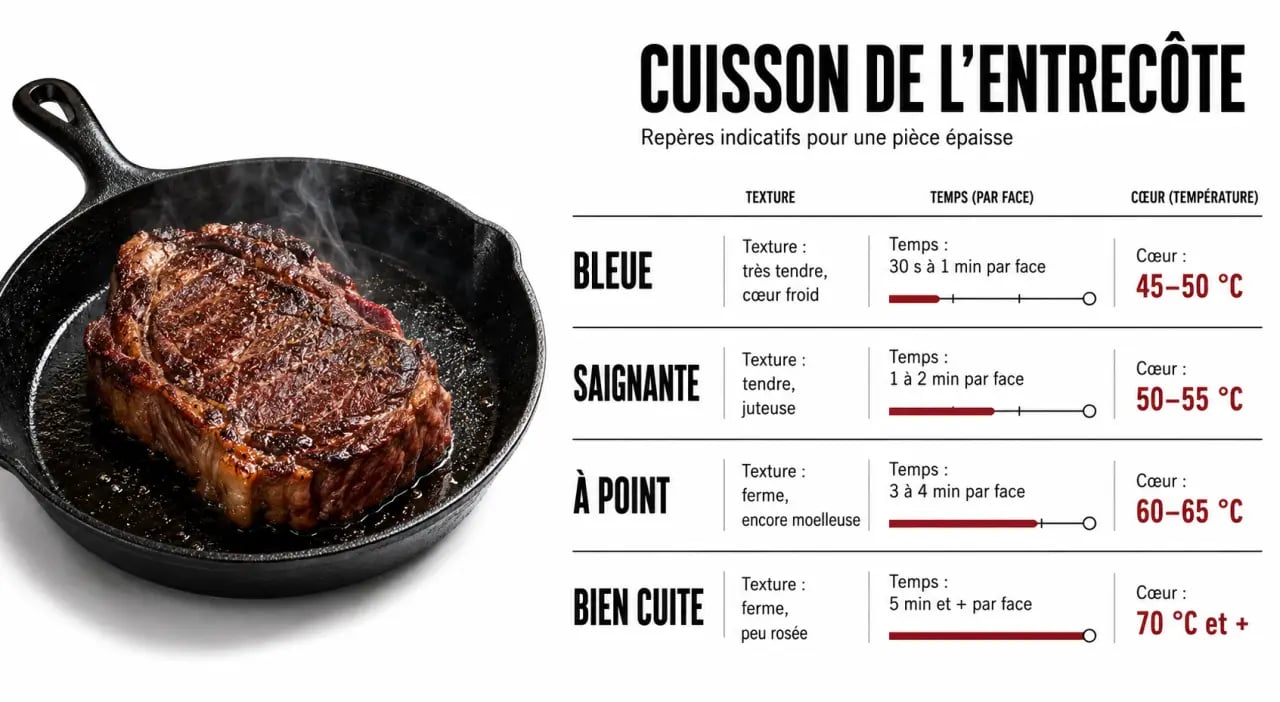 Cuisson entrecôte poêle : repères visuels des degrés de cuisson et temps à la poêle