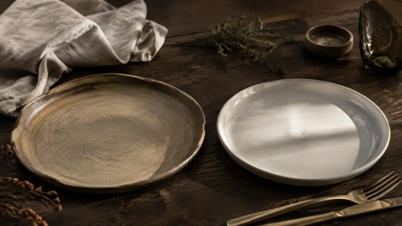 Assiettes en grès et en porcelaine présentant des plats élégamment dressés
