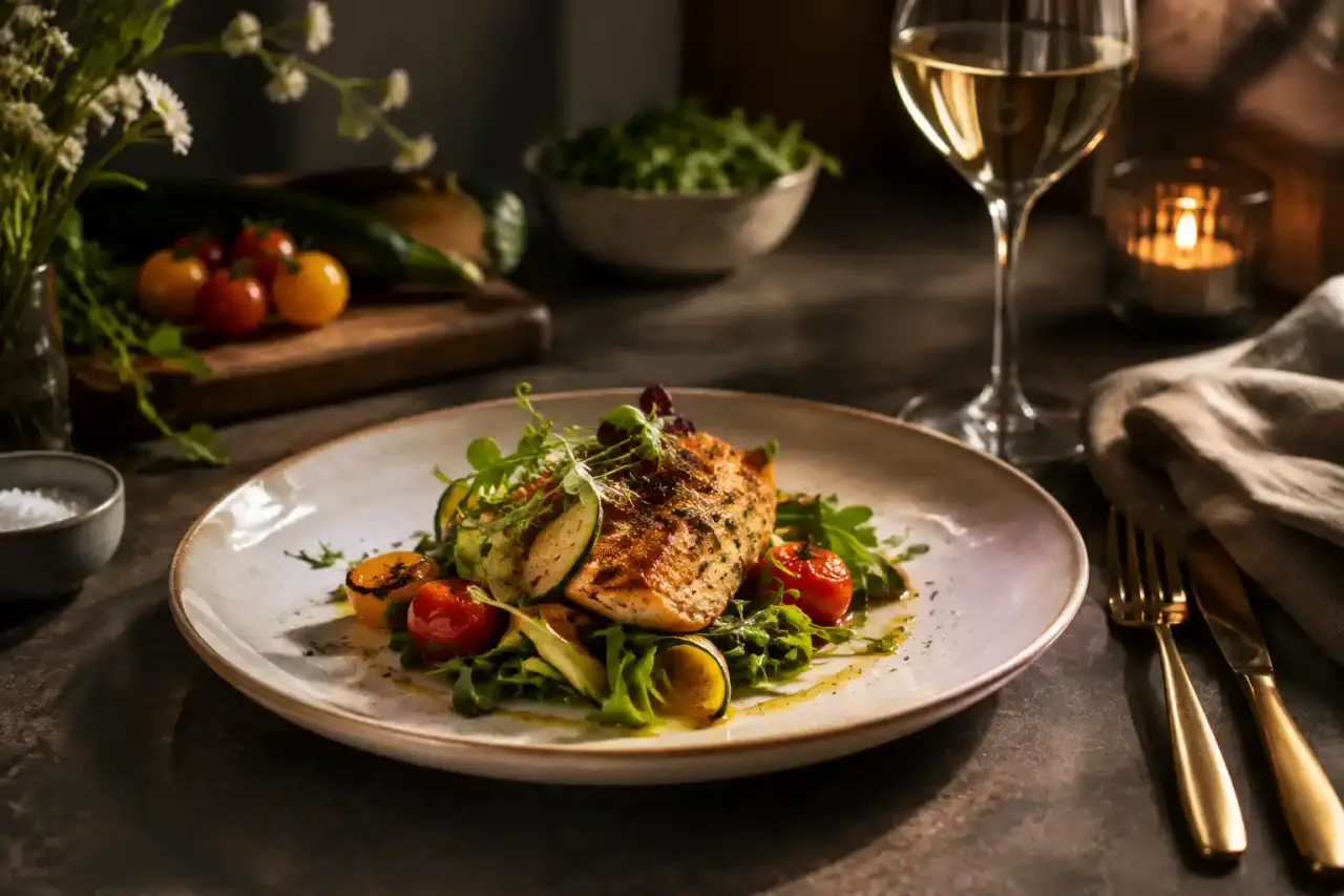 Assiette élégante dressée avec légumes colorés, sauce et herbes fraîches