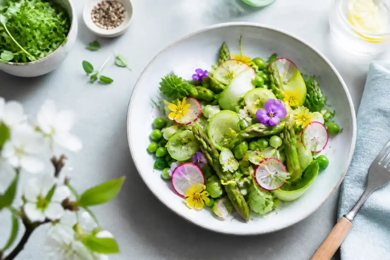 Assiette de printemps dressée avec asperges, herbes fraîches et couleurs vibrantes