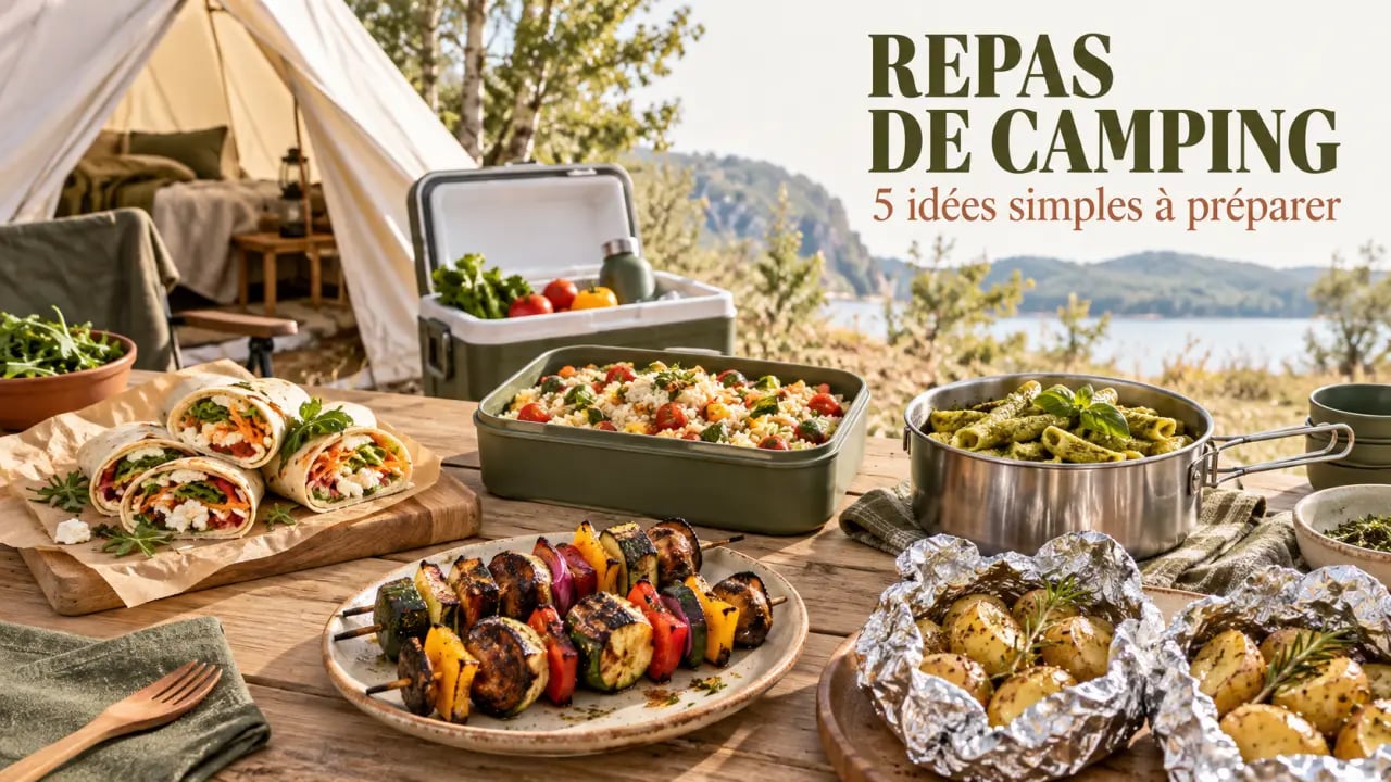 Idée repas camping avec wraps, salade, pâtes et brochettes sur une table en plein air