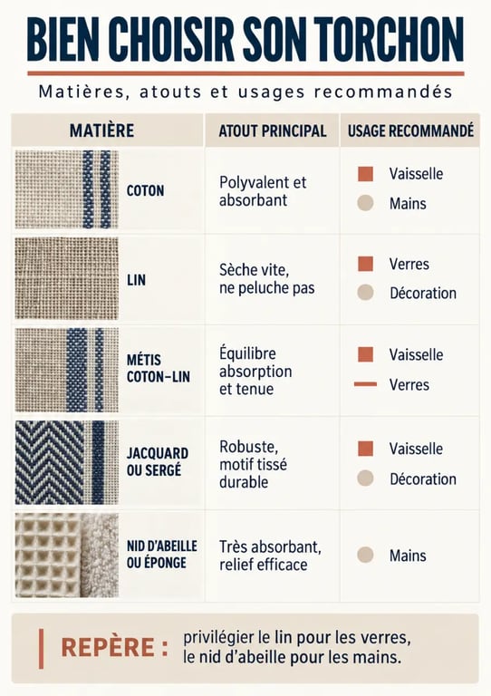 Infographie comparative des matières de torchons de cuisine selon leur usage