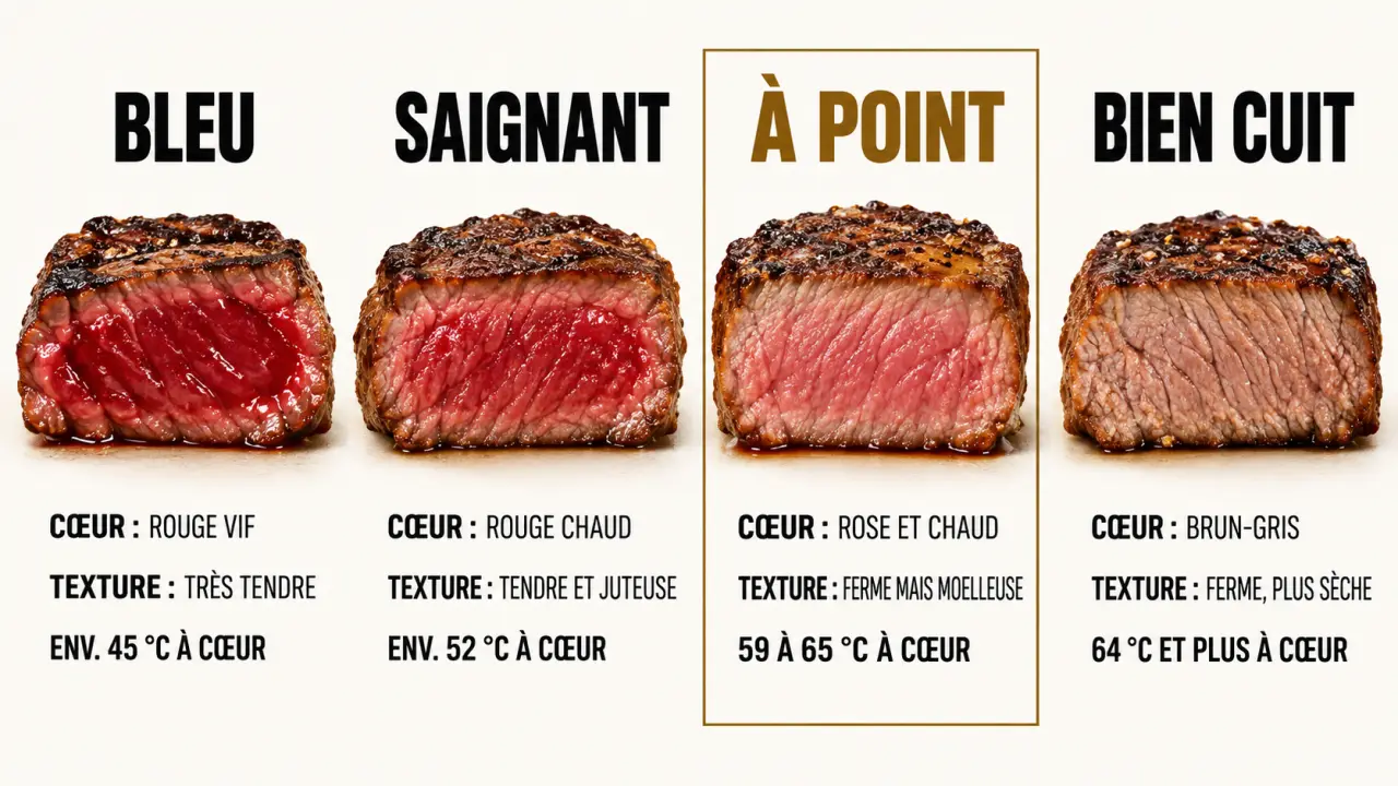 Infographie comparative de la viande cuite à point et des cuissons bleue, saignante et bien cuite