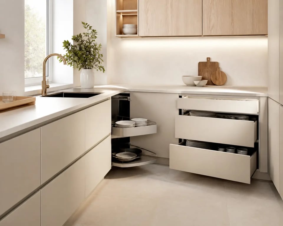 Cuisine en u avec angle optimisé et rangements coulissants visibles