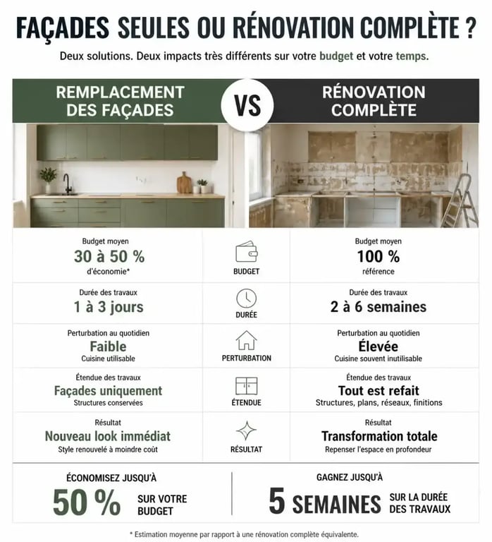 Comparatif visuel : changer facade de cuisine vs rénovation complète