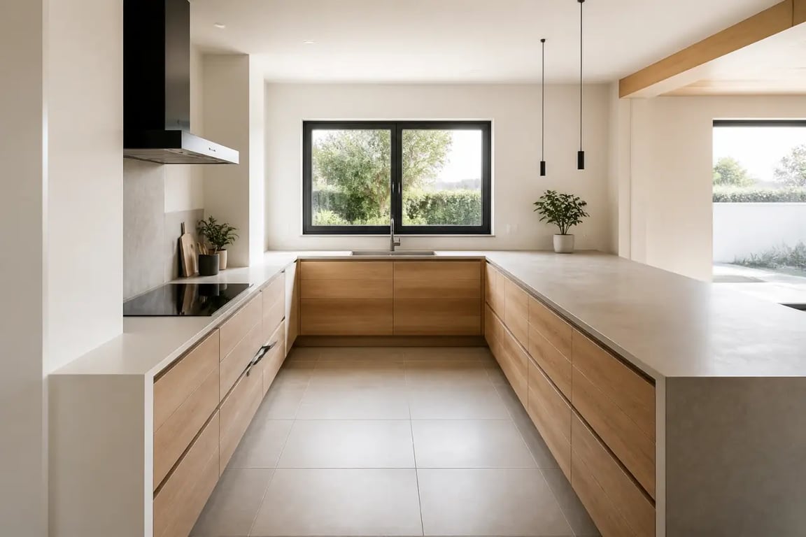 Cuisine en u contemporaine avec circulation centrale dégagée et zones de travail visibles