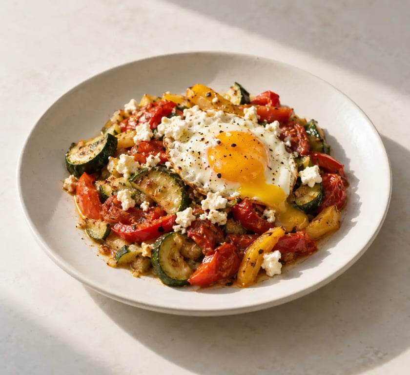 Recettes légumes faciles : poêlée de courgettes, poivrons et tomates avec œuf et feta